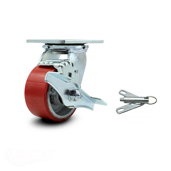4 Inch Red Poly on Cast Iron Caster with Ball Bearing and Brake/Swivel Lock SCC